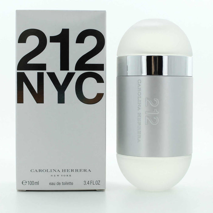 212 by Carolina Herrera women's EDT fragrance in a silver cylindrical bottle with white domed ends and matching box