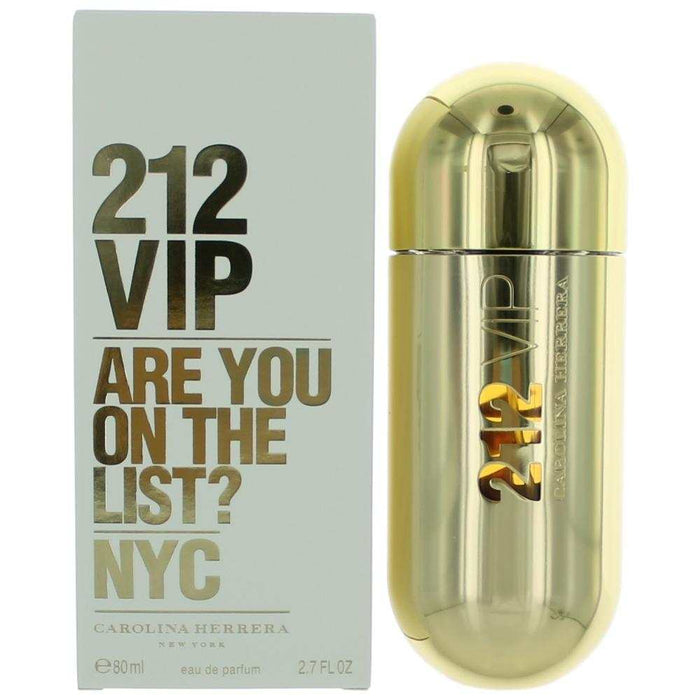 212 VIP by Carolina Herrera perfume in a shiny gold capsule-shaped bottle with a matching box printed with bold black lettering