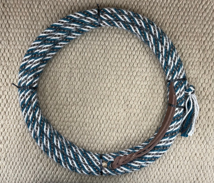 Mecate - MEC101 - 1/2” x 22’ 6-Strand Alpaca Bright Blue, Black, and Grey