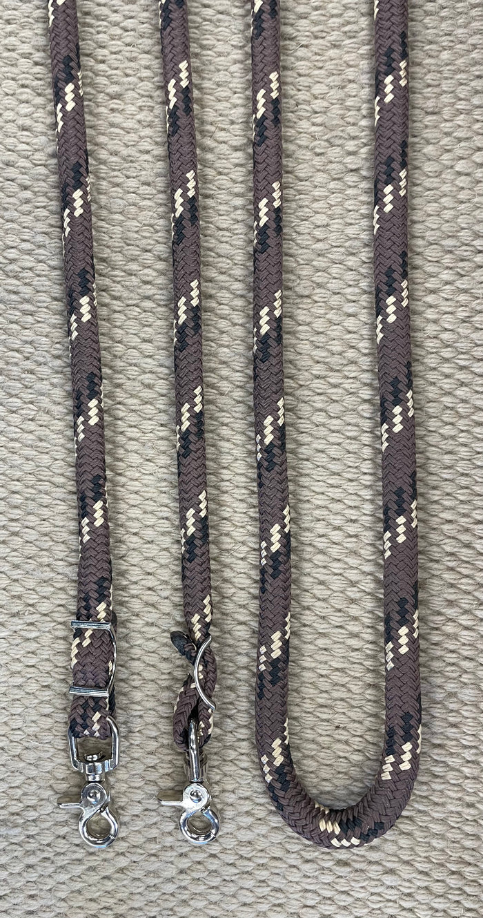 Closed Reins - CR20 - 10' Braided Yacht Rope Brown, Black and Tan w/ Snap Ends