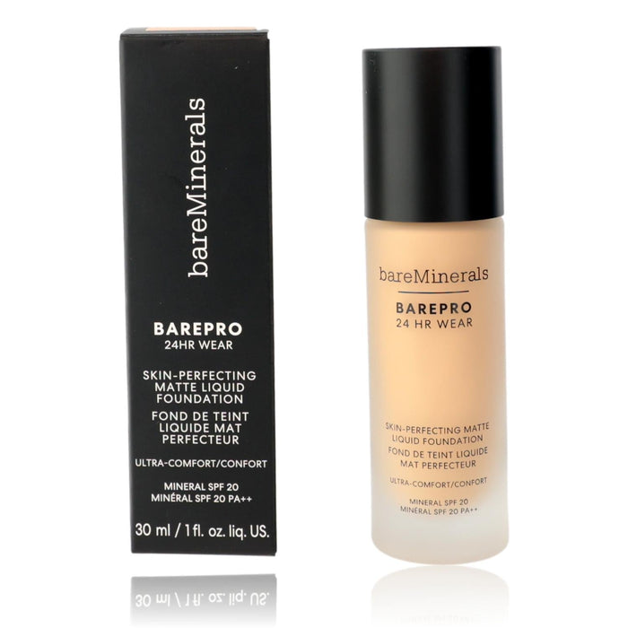 Bare Minerals BarePro liquid foundation in a beige Fair 15 Neutral shade, with matte black cap and matching black box