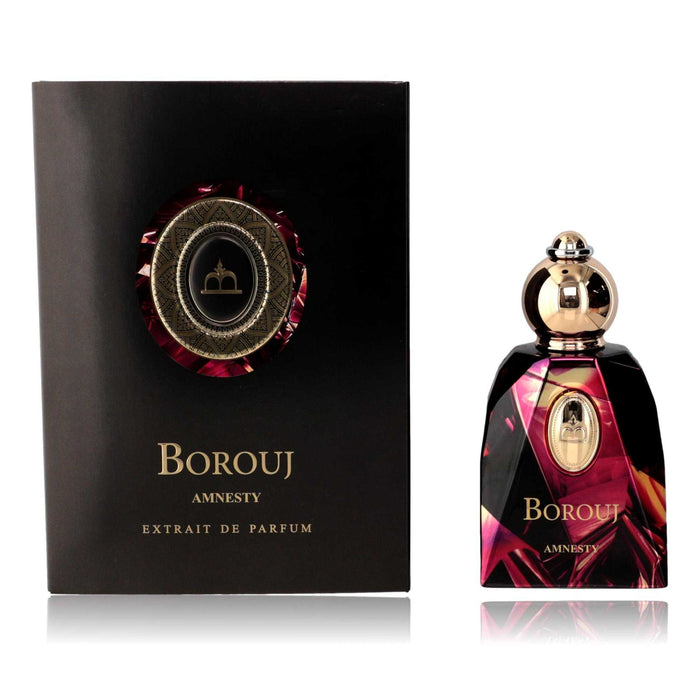 Borouj Amnesty extrait de parfum set with a glossy black and red patterned bottle, gold accents, and matching box