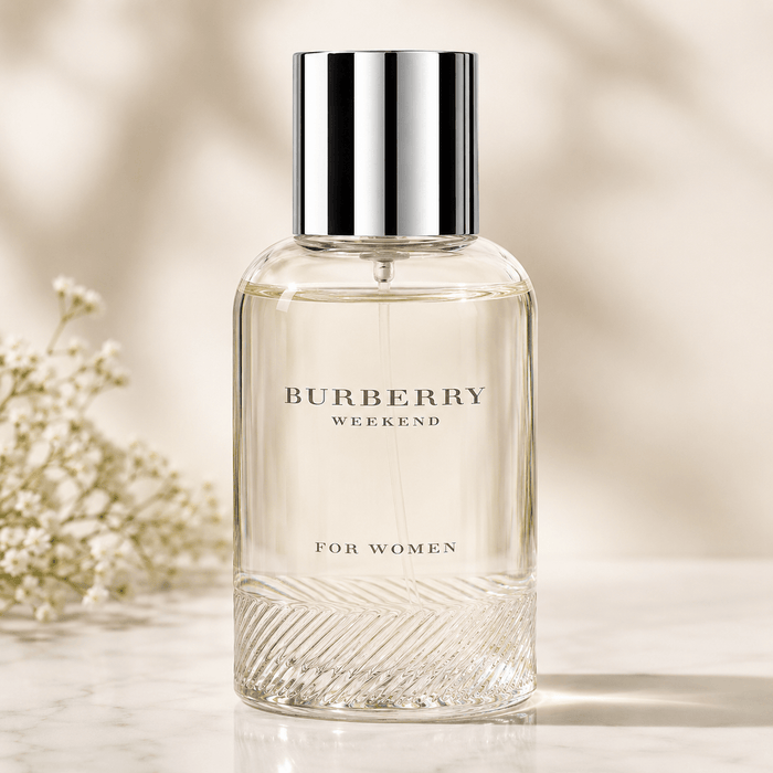 Burberry Weekend EDP Women eau de parfum in a clear glass bottle with a silver cap and textured base