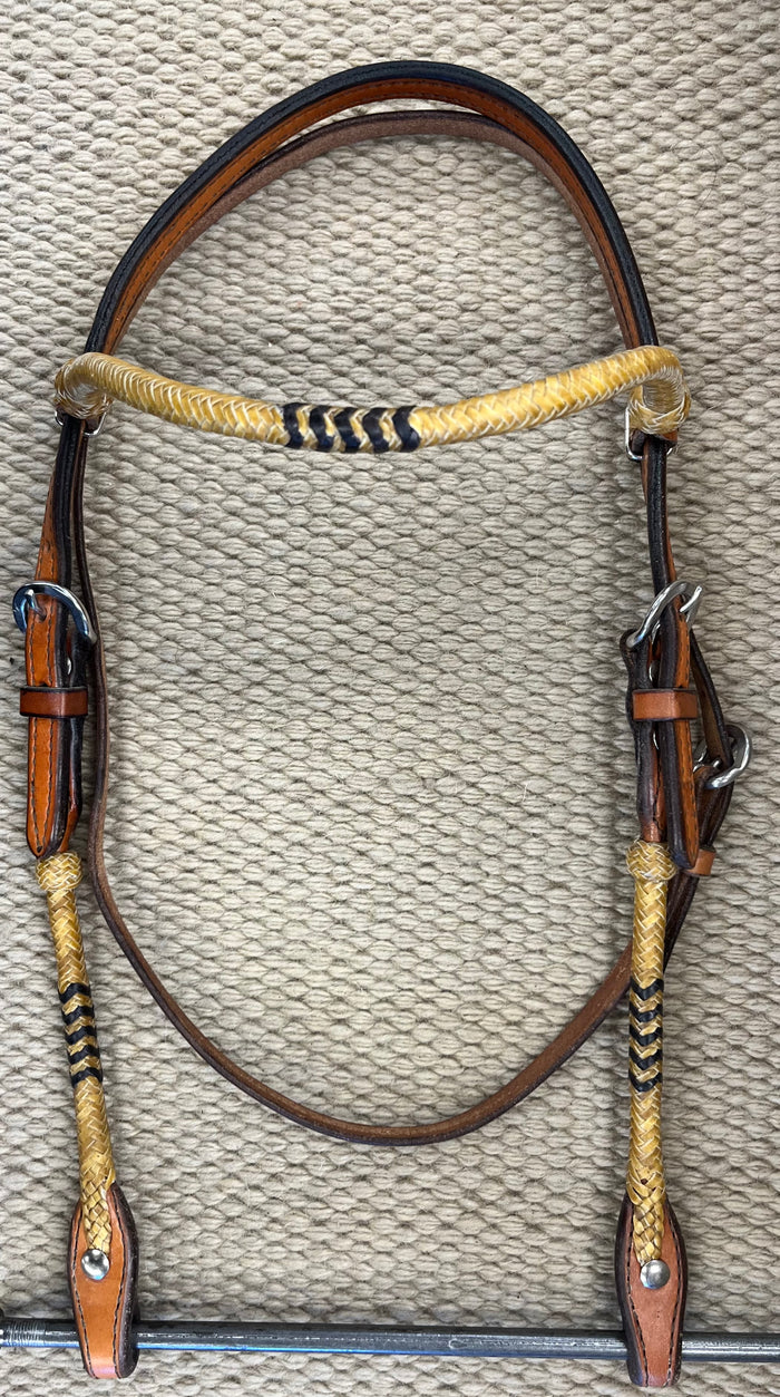 Headstall - HS145 - Light Brown Rawhide Browband Natural w/ Black Accents