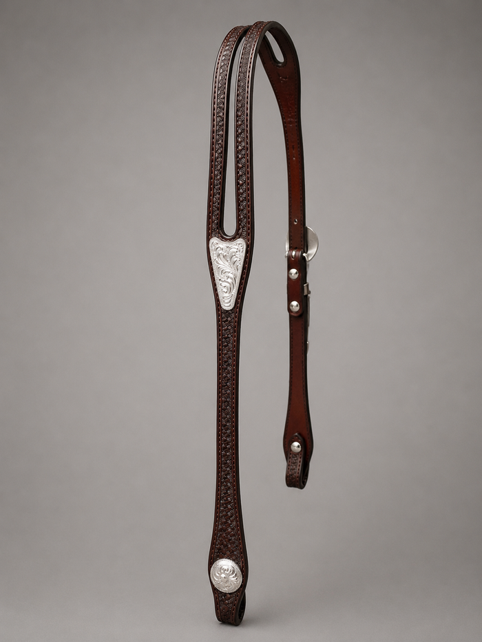 Headstall - HS153 - Basket Brown Split Ear with Silver Plate Trim and Ear Arrow