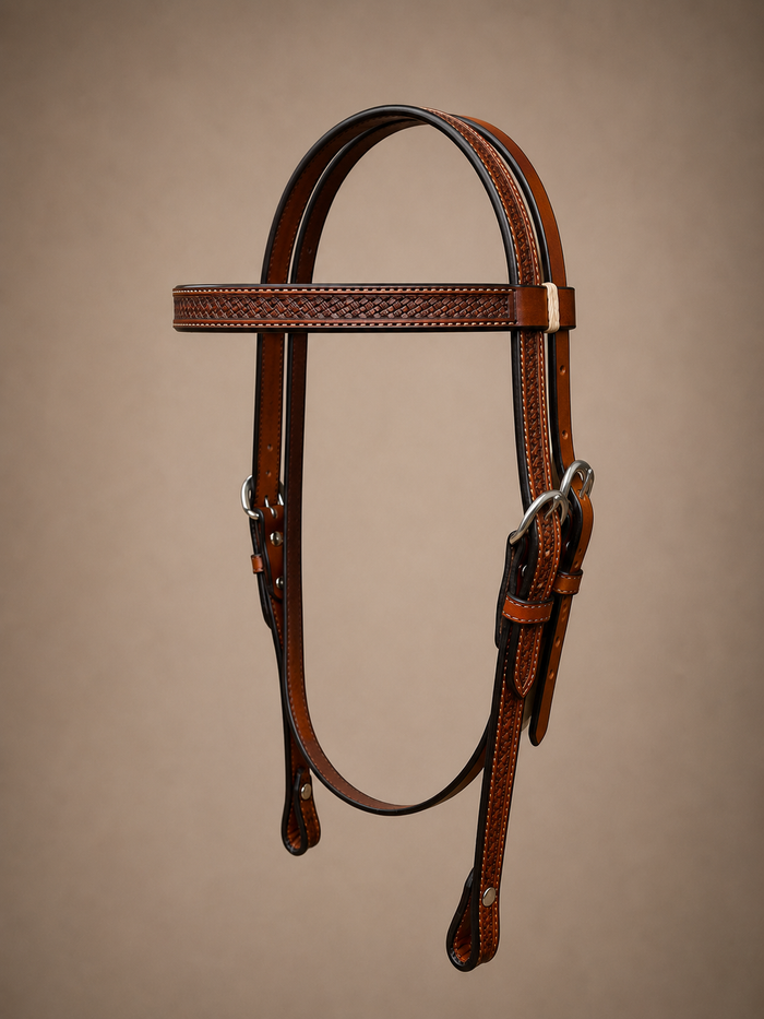 Headstall - HS277 - 3/4" Basket Antiqued with Rawhide Loops