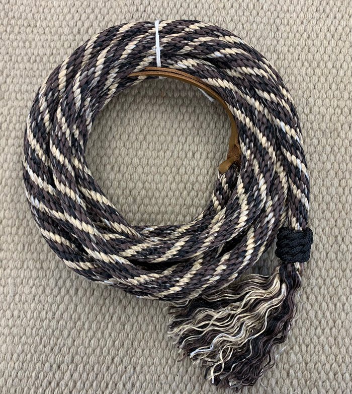 Mecate - Mec76 - 5/8"x23' Poly Rope Braided Button w/ Tassel & Popper Tan, Brown and Black