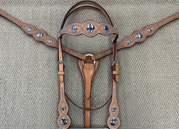 Headstall - HS37 - Light Brown w/ Dots and Conchos