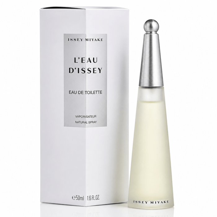 Issey Miyake L’Eau d’Issey perfume with a pale yellow tapered glass bottle, silver cap, and white box