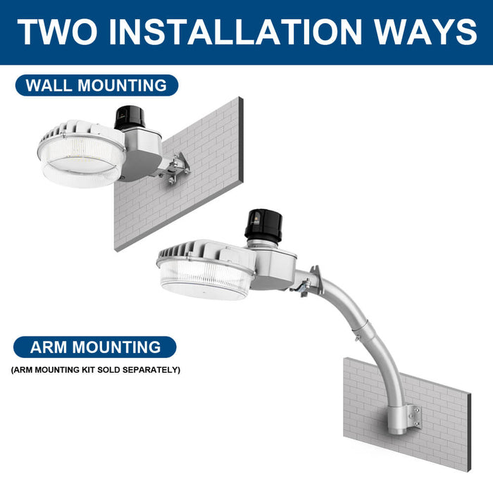 Two installation methods of a light fixture on a white background with text indicating wall mounting and arm
