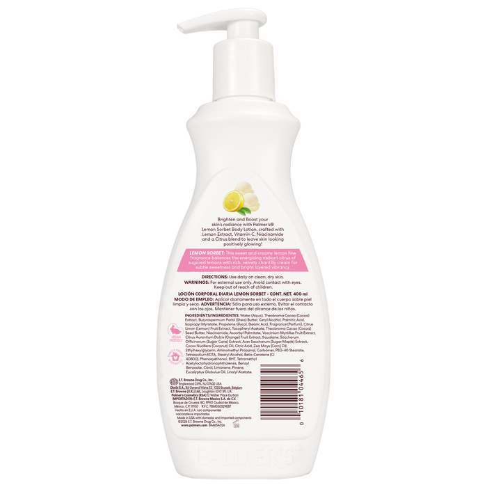 Palmer's Lemon Sorbet Daily Body Lotion for Bright, Radiant Skin shown back of white bottle with ingredients label