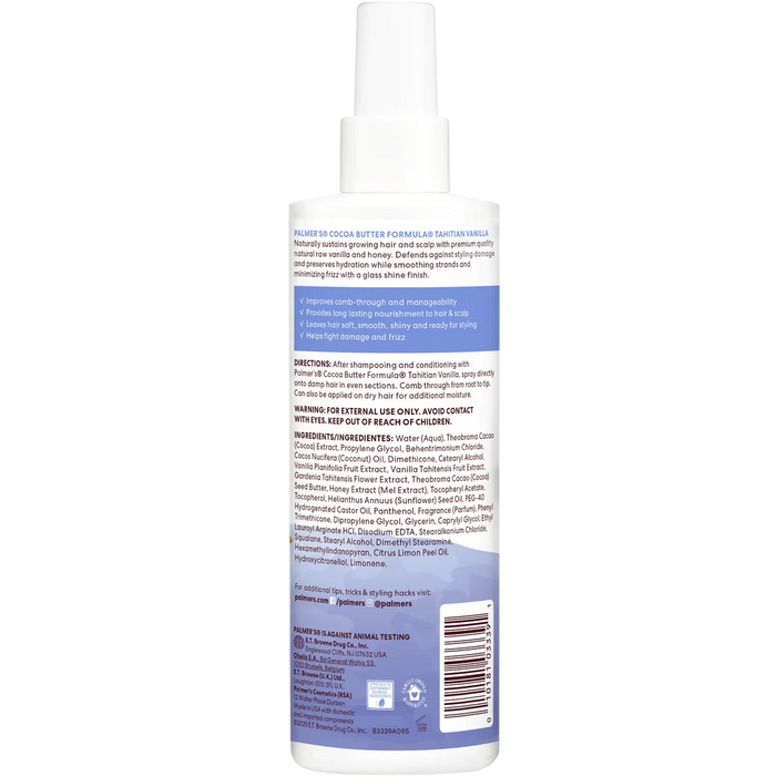 A bottle of Palmer's Cocoa Butter Formula Tahitian Vanilla Leave-In Conditioner product shown from the back, featuring a white cap and a label with blue and purple text and graphics on a plain white background.