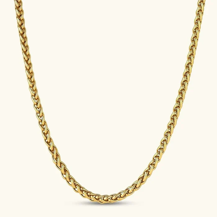 18K Gold-Plated Wheat Chain necklace in gold-tone metal with tightly interwoven braided links and a polished finish