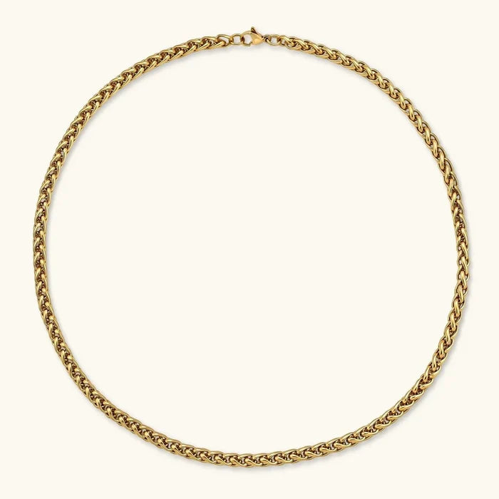 18K Gold-Plated Wheat Chain necklace in gold-tone metal, with tightly interlocked braided links and a lobster clasp.