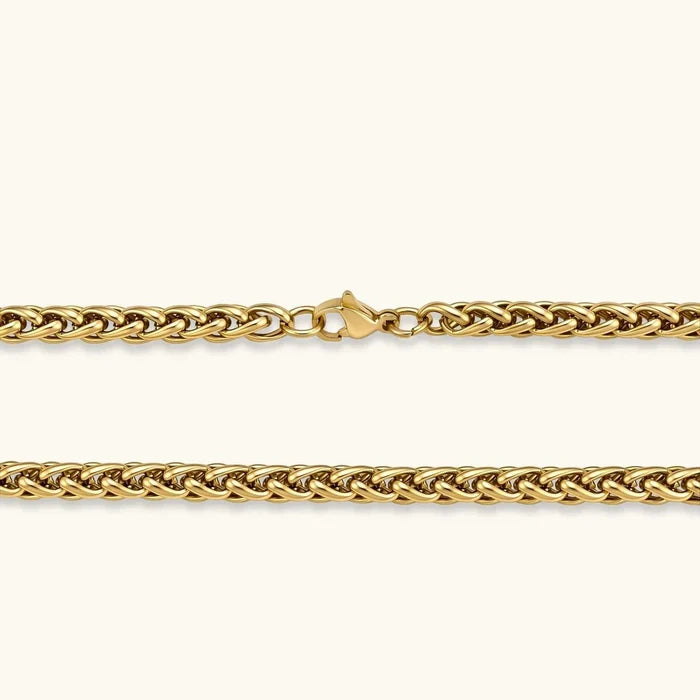 18K Gold-Plated Wheat Chain in gold-tone metal with tightly interwoven braided links and a lobster clasp.