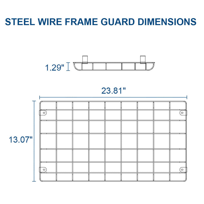 Diagram of a steel wire frame guard with dimensions labeled
