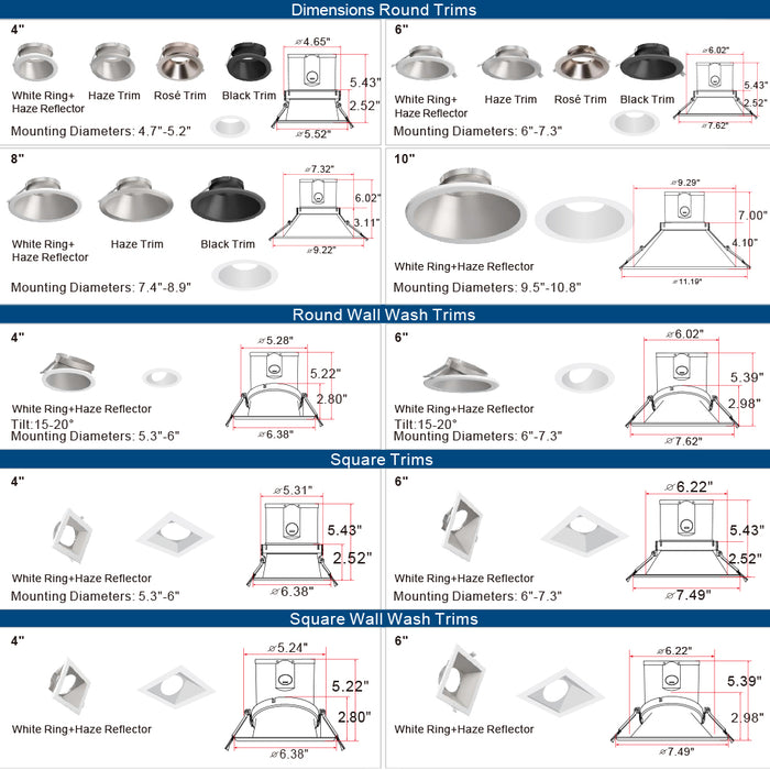 Chart displaying dimensions of various lighting trim models including round and square wall wash trims.