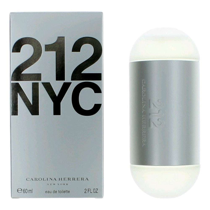 212 by Carolina Herrera EDT perfume set with a silver 212 NYC box and matching cylindrical bottle with white caps