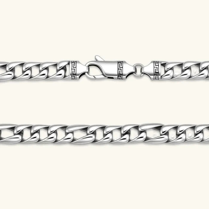 316L Stainless Steel Cuban Link Necklace in polished silver with thick interlocking links and Greek key clasp accents