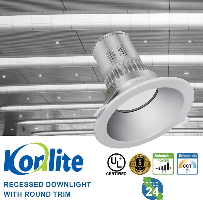 Koralite J-Box LED Downlight with certification logos in an indoor setting
