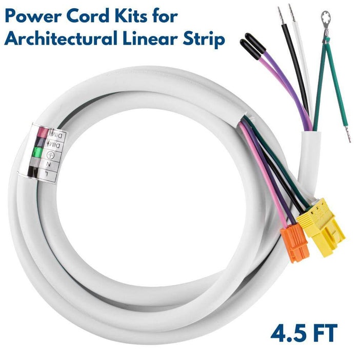 Power cord kit for architectural linear strip with colored wires and connectors on a white background.