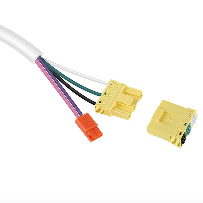 Wire harness with colored wires and yellow connectors on a white background