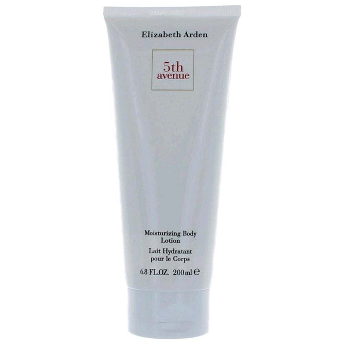 5th Avenue by Elizabeth Arden moisturizing body lotion in a pale blue plastic tube with a minimalist label