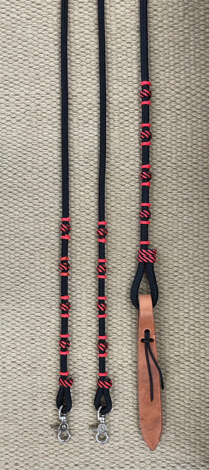 Romal Reins - RR105 - 16 Plait Nylon Black and Red w/ Snaps and Harness Popper 98"