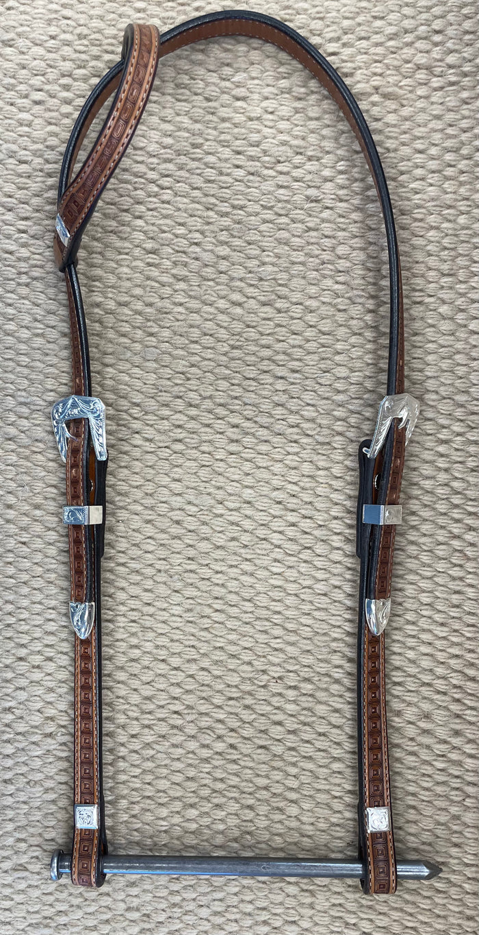 Headstall - HS193 - 5/8" Geometric Antiqued Sliding Ear with Silver Plated Trim