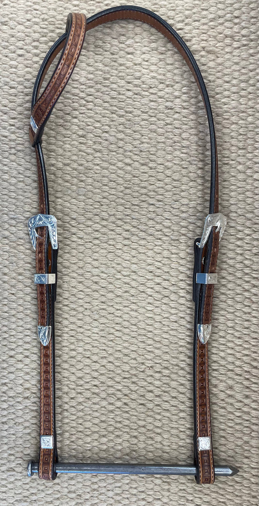Headstall - HS193 - 5/8" Geometric Antiqued Sliding Ear with Silver Plated Trim