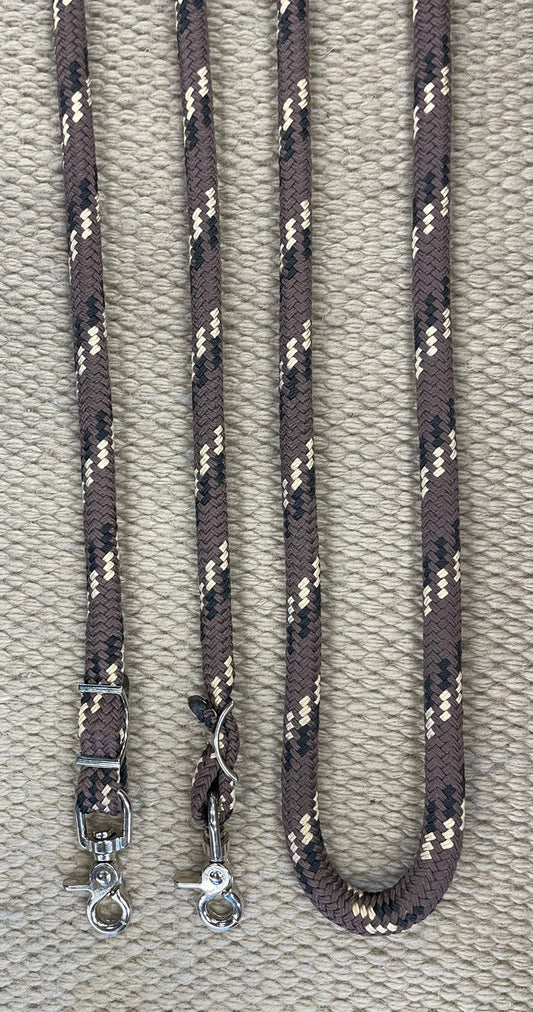 Closed Reins - CR20 - 10' Braided Yacht Rope Brown, Black and Tan w/ Snap Ends