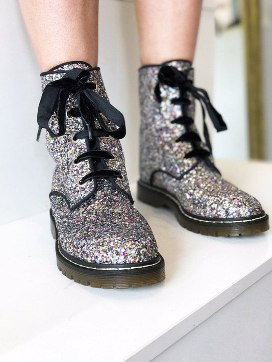 'Billie' Silver/Multicolour Glitter vegan combat boots by Zette Shoes - Vegan Style