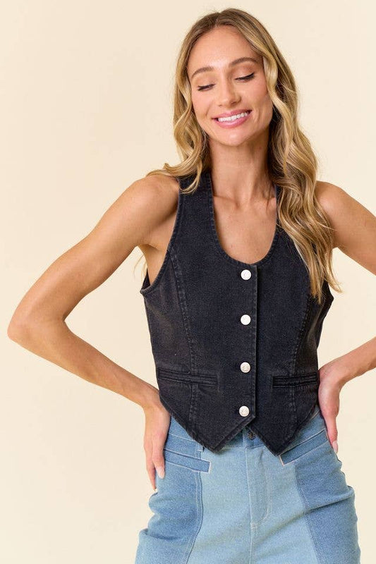 BLACK BUTTON DOWN LIGHT WEIGHT DENIM VEST
