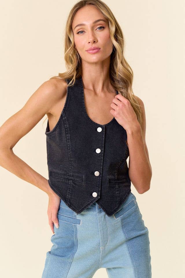 BLACK BUTTON DOWN LIGHT WEIGHT DENIM VEST