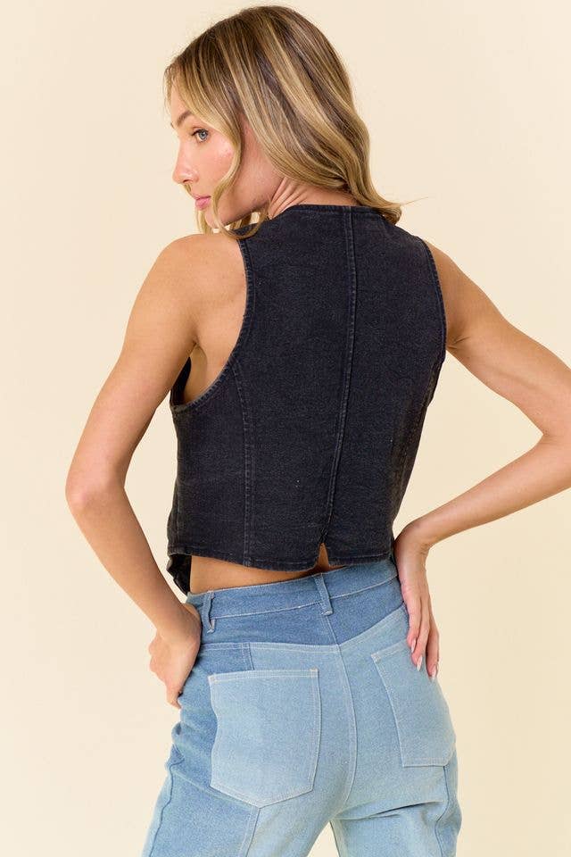 BLACK BUTTON DOWN LIGHT WEIGHT DENIM VEST