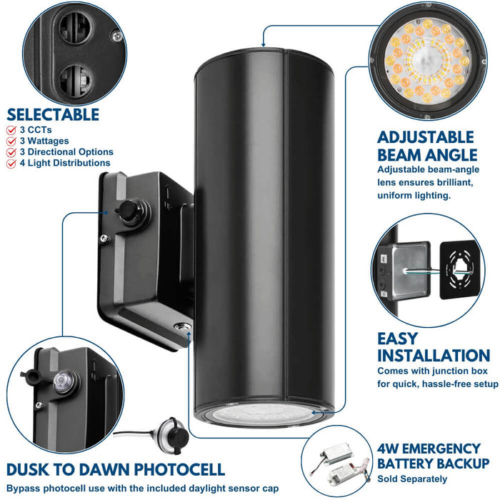 Details of Konlite LED Cylinder Up and Down Wall Light fixture, Black 20W LED Wall Sconce