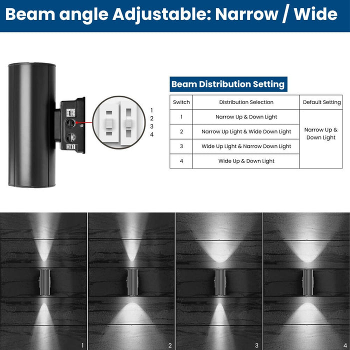 Beam Angles settings  of Konlite LED Cylinder Up and Down Wall Light fixture