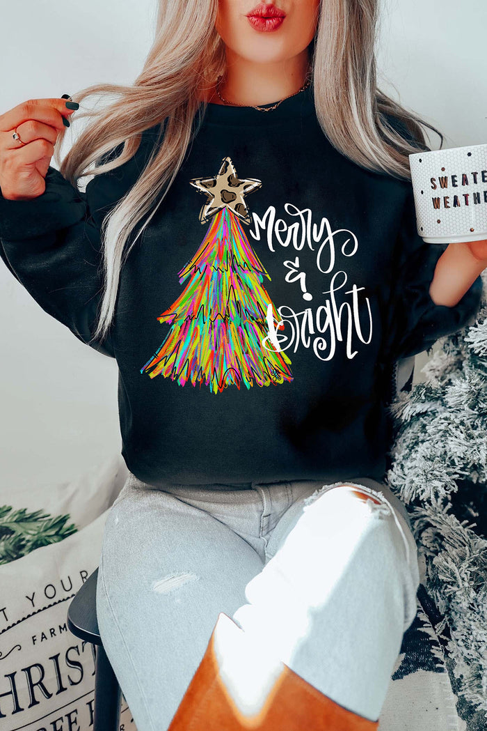 Black Merry & Bright Christmas Tree Graphic Sweatshirt — image 00