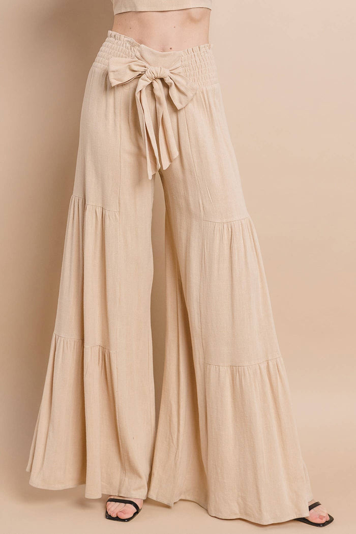 BOHO WIDE LEG LINEN PALAZZO PANTS WITH WAIST SASH