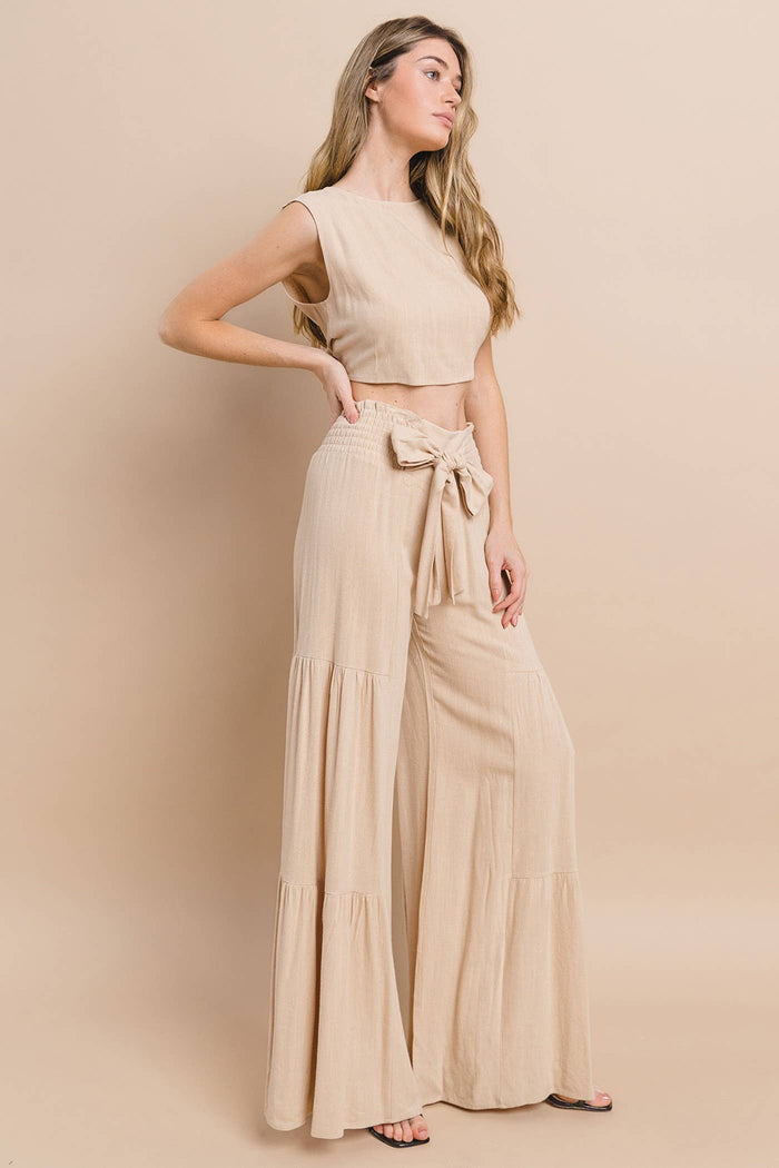 BOHO WIDE LEG LINEN PALAZZO PANTS WITH WAIST SASH