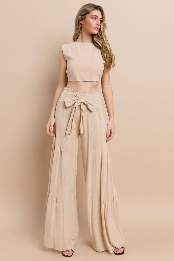 BOHO WIDE LEG LINEN PALAZZO PANTS WITH WAIST SASH