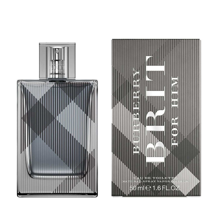 Brit by Burberry Eau de Toilette spray with a grey plaid glass bottle, silver cap, and matching patterned box