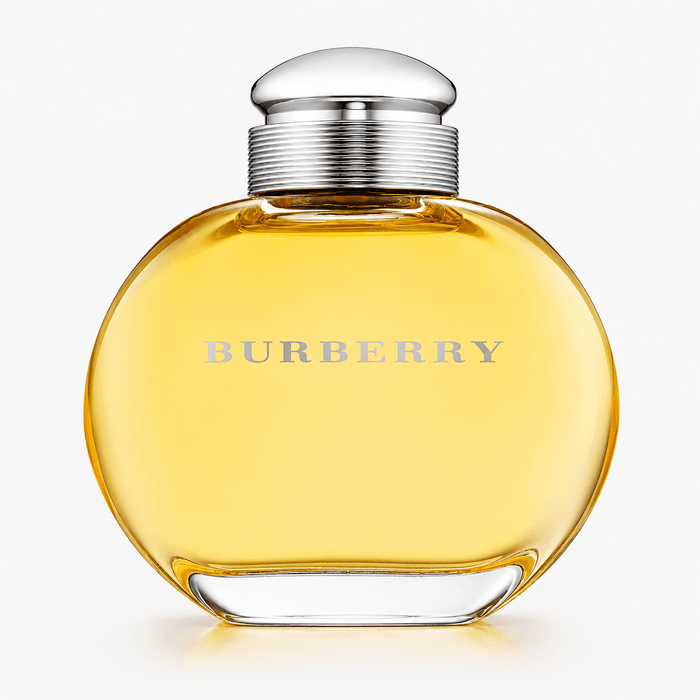 Burberry for Women EDP perfume in a clear glass bottle with golden-yellow liquid, rounded shape and silver cap