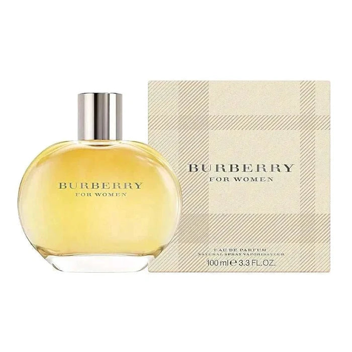 Burberry for Women EDP yellow glass perfume bottle with silver cap beside a beige Burberry check patterned box