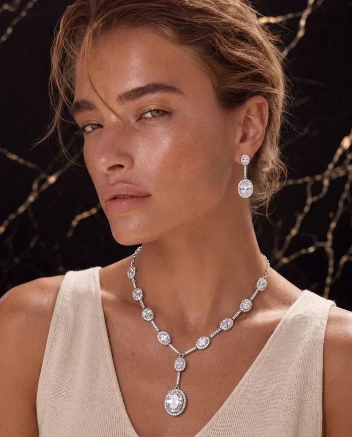 Celestial Cascade CZ Necklace set with silver-tone crystal necklace and matching drop earrings in a sparkling cascade design