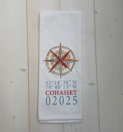 Compass Rose/Cohasset Lat/Long Tea Towel