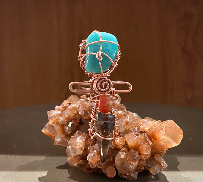 COPPER+AMAZONITE+CARNELIAN+SMOKEY QUARTZ ANKH RING