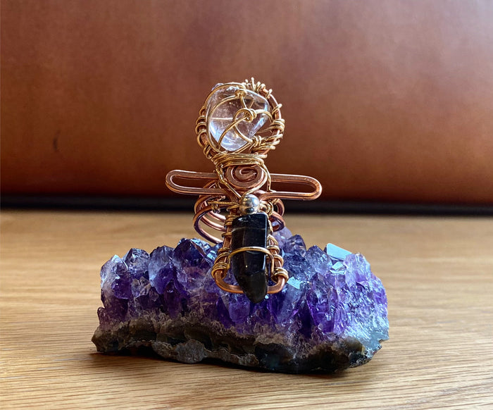 COPPER/BRONZE+   AMETRINE+SMOKEY QUARTZ ANKH RING