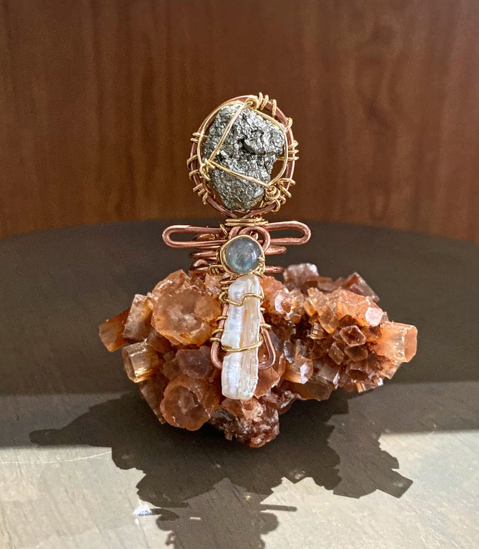 COPPER/BRONZE+PYRITE+LABRADORITE+  PEARL ANKH RING