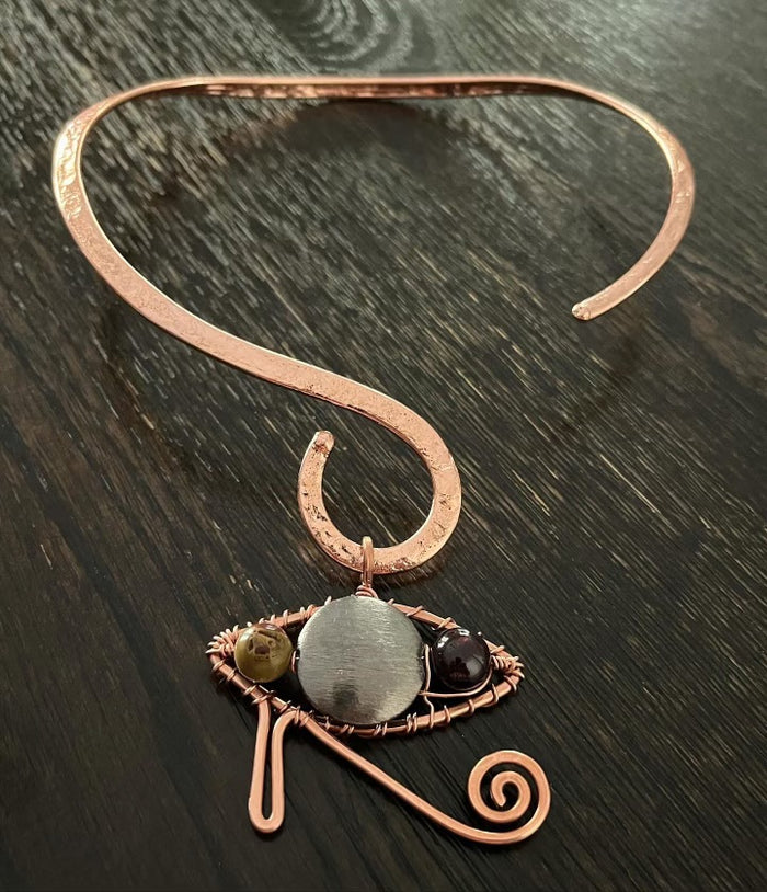 COPPER+JASPER+GARNET+ STAINLESS STEEL BEAD EYE OF HERU NECKLACE